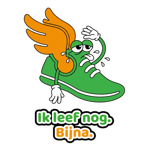 Sticker: uitgeputte hardloopschoen met zijn tong uit zijn mond, tekst Ik leef nog. Bijna.