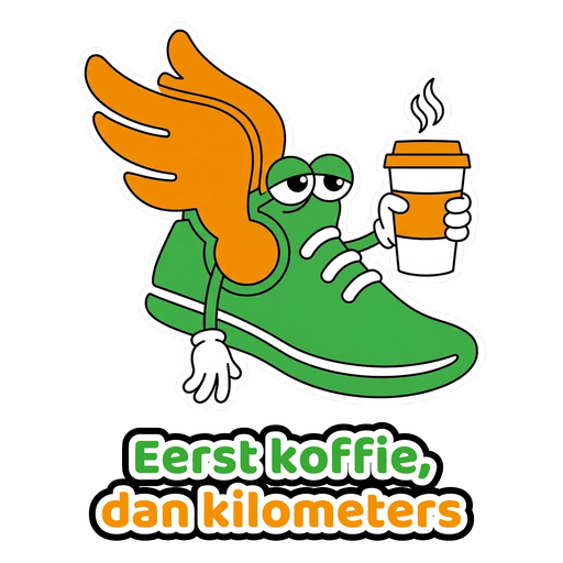 Sticker: slaperige hardloopschoen met een beker koffie, tekst Eerst koffie, dan kilometers