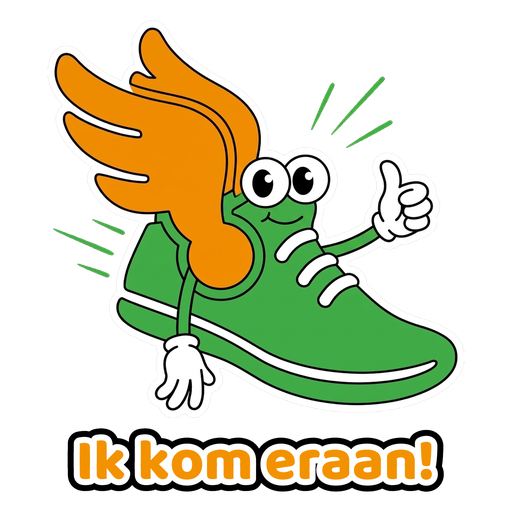 Sticker: vrolijke hardloopschoen met zijn duim omhoog, tekst Ik kom eraan!