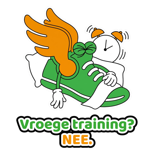 Sticker: hardloopschoen onder het dekbed naast een rinkelende wekker, tekst Vroege training? Nee.