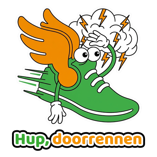 Sticker: hardloopschoen rent weg voor een onweersbui, tekst Hup, doorrennen