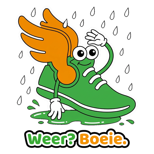 Sticker: grijnzende hardloopschoen in de stromende regen, tekst Weer? Boeie.