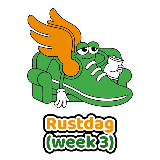 Sticker: hardloopschoen onderuitgezakt op de bank met een zak chips, tekst Rustdag (week 3)