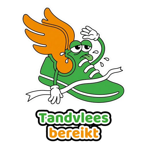 Sticker: hardloopschoen kruipt over de finish, tekst Tandvlees bereikt