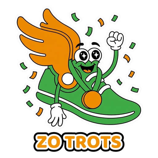 Sticker: juichende hardloopschoen met een medaille en confetti, tekst Zo trots