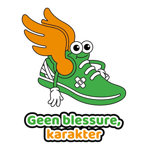 Sticker: hardloopschoen met verband en een pleister, tekst Geen blessure, karakter