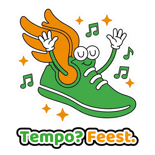 Sticker: dansende hardloopschoen met muzieknoten, tekst Tempo? Feest.
