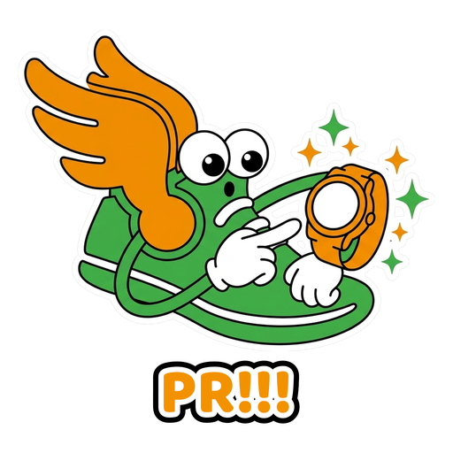 Sticker: verbaasde hardloopschoen kijkt naar zijn sporthorloge, tekst PR!!!